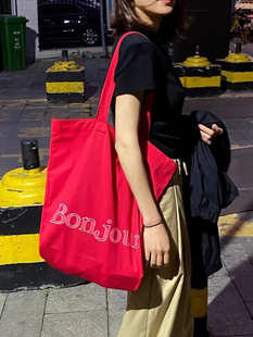 红色帆布包韩国ins风单肩包彩色字母印花托特包大学生上课包