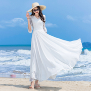 夏季白色蕾丝连衣裙雪纺，显瘦海边度假沙滩裙，长裙到脚踝超长款