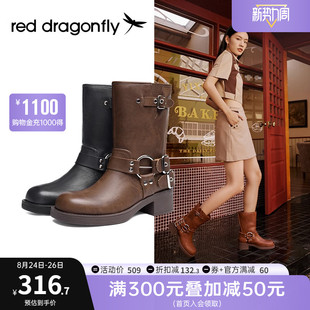 红蜻蜓骑士靴女2023机能风女靴复古西部靴短靴显瘦棕色长筒靴