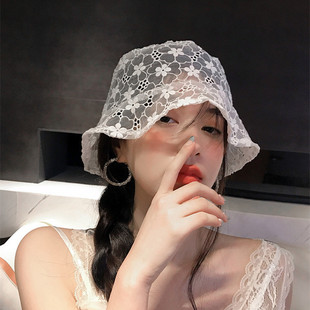 韩国镂空钩花蕾丝盆帽欧根纱，白色仙女帽，凹造型拍照渔夫帽子夏