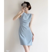 蓝色连衣裙夏高级感女神设计感小众法式无袖短款吊带裙一字肩