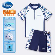 迪士尼儿童泳衣分体短袖男童套装2024小中大童保暖防晒游泳衣