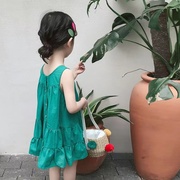 网红女童2024夏装全棉，纯色宽松无袖连衣裙，韩版沙滩洋气大摆裙