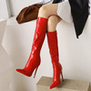 红色漆皮女靴子超高跟显瘦亮皮长靴子尖头，漆皮高筒靴大码444546