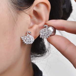 小天鹅满钻锆石珍珠耳钉轻奢高级感耳饰S925银针时尚个性耳环