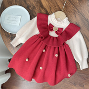 新年装宝宝假两件荷叶边可爱红色毛衣裙(毛，衣裙)女童针织连衣裙婴儿裙子女