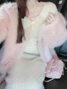 粉色羊羔毛外套(毛外套)女春季仿狐狸，毛毛短款长袖小个子环保皮草上衣