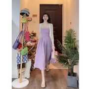 高级感紫色吊带连衣裙女夏季2024气质法式小个子长裙套装裙子