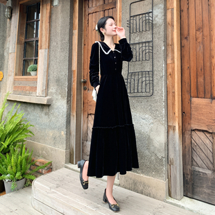 法式金丝绒连衣裙女秋季2023复古黑色，长袖收腰显瘦气质长裙子