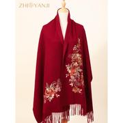 羊毛围巾披肩两用女秋冬季喜婆婆，旗袍礼服羊绒外搭妈妈酒红色围脖