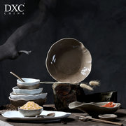 dxc中式家用碗碟套装，复古创意餐具套装简约陶瓷碗筷碗盘套装