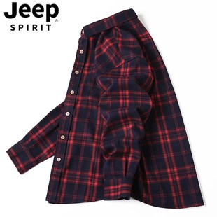 jeep吉普格子衬衫男春秋季纯棉，休闲长袖小格，寸衣红色磨毛外套男士