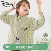 米奇男童格子衬衫2024春季中大童衬衣，长袖儿童帅气外套薄款