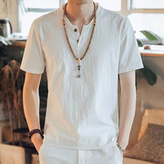 中国风亚麻短袖t恤男短袖夏季V领中式亚麻上衣服男装薄款麻料半袖