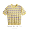 波浪条纹镂空针织短袖女夏季宽松鹅，黄色上衣减龄百搭薄款t恤
