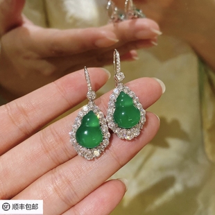新中式国风新版绿件玉髓满镶绿葫芦耳环耳钩女925纯银镶嵌高碳钻