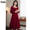 拉夏贝尔puella法式珍珠，方领女神范显气质红色，显瘦新年连衣裙