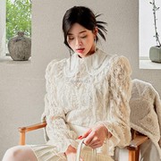 韩国冬款甜心LADY甜美花边小翻领微透泡泡袖蕾丝衬衫