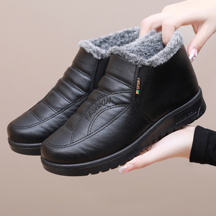 冬季老北京棉鞋女加绒防水皮面中老年短靴厚底，防滑保暖妈妈鞋