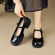 达芙妮黑色玛丽珍女鞋，2024粗跟增高千金小皮鞋，法式温柔风单鞋
