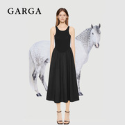 GARGA黑色复古赫本风无袖拼接连衣裙女高级感气质收腰圆领a字长裙