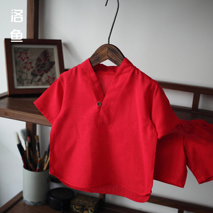 儿童夏季半短袖T恤手工制作棉麻大红色男女童宝宝生日中国风礼服