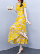 高端广州女装雪纺连衣，裙子夏季十三行黄色，战袍显瘦遮肚子长款