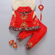 儿童唐装女童冬装新年棉衣女，宝宝0-1-2岁生日礼服加厚中国风套装