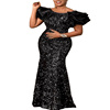 ebay黑色图片法式长裙甜美显瘦裹胸款气质通勤亮片中腰连衣裙