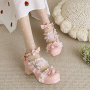 日系甜美洛丽塔原创大码单鞋蕾丝蝴蝶结茶会鞋厚底中跟扣带仙女鞋