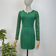 品牌折扣绿色修身连衣裙蕾丝，长袖春夏秋款包臀紧身性感圆领包臀裙