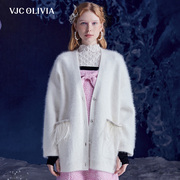 vjcolivia2023秋冬米白兔毛开衫中长款宽松休闲风，外套女装