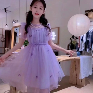 女童公主裙2024夏季儿童蓬蓬，纱裙蝴蝶裙子，紫色礼服女孩连衣裙