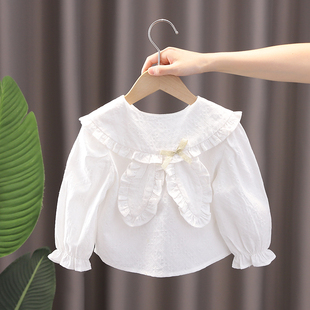 女童衬衫2023春秋纯棉白色泡泡，袖衬衣女宝娃娃领长袖上衣小童