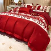 档中式婚结婚四件套hui大红色床单被套全棉纯棉，高婚庆(高婚庆)床上用品房