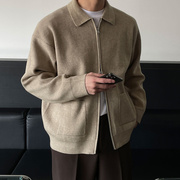 卡其色翻领针织开衫男士，春季韩版时尚个性双拉链，设计毛衣外套