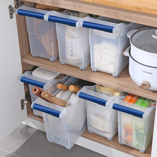 厨房收纳筐家用带滑轮，收纳盒透明塑料橱柜，窄长型抽拉整理箱储物盒