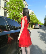 2023蕾丝连衣裙女装镂空短袖，绣花大红色长款裙子新娘回门礼服裙