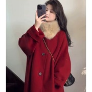 法式赫本风红色呢子大衣，感超好看毛呢，外套大毛领女2024年