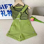 女童2023夏季背带裤套装，儿童洋气条纹背心，绿色短裤两件套