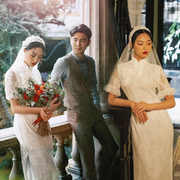 影楼婚纱主题服装复古中式白色唯美蕾丝旗袍情侣摄影拍照礼服