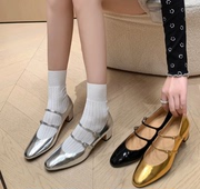 法式小香风银色玛丽珍鞋女中跟真皮圆头粗跟双排扣带浅口金色单鞋