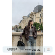红人馆棕色皮衣女外套2023秋季美式设计感复古机车皮夹克