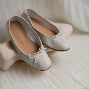花边女 手工芭蕾舞单鞋 浅口平底鞋 真皮骨白色平跟芭蕾