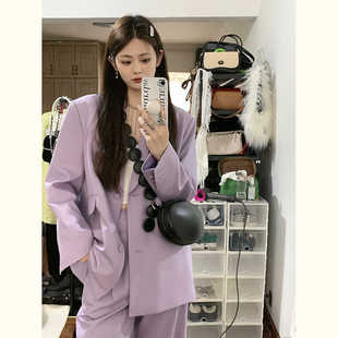 幂式休闲紫色西装外套女春秋季韩版宽松显瘦两件套西服套装