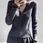 深灰色针织开衫女春秋2023韩版修身显瘦短款V领Y打底毛衣外套