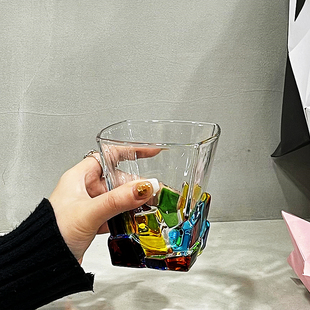ins个性创意blingbling手工彩绘方块水晶玻璃杯威士忌杯果汁水杯