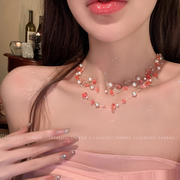 沧海遗珠~粉色天然石叠戴珍珠项链女高级清冷感小众甜酷颈链配饰