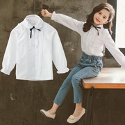 女童长袖白衬衫2023秋季韩版荷叶边衬衣中大童花边翻领上衣
