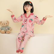 女童睡衣春秋纯棉长袖薄款翻领草莓熊卡通(熊卡通，)可爱大童套装空调家居服